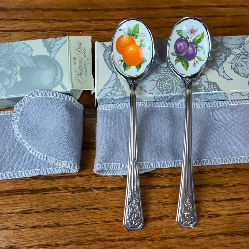 Vintage 1982 Avon Natures Best Collector Spoons Plum Orange Set of 2 Japan 4377